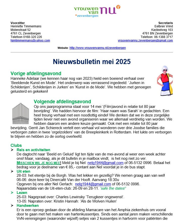 Nieuwbulletin mei 2025 (klik op bulletin document). Het is een Word bestand