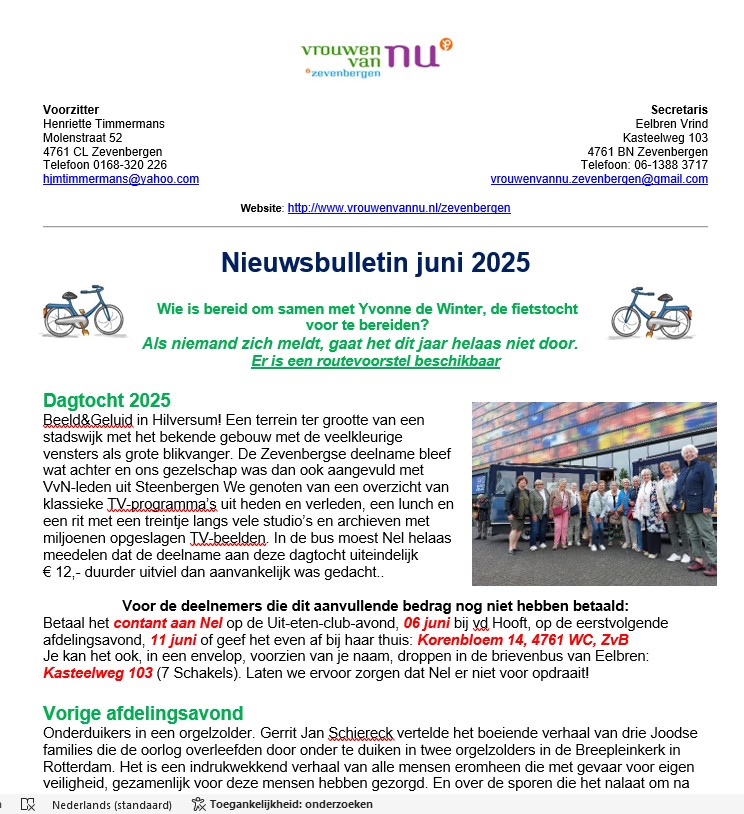 Nieuwbulletin mei 2025 (klik op bulletin document). Het is een Word bestand