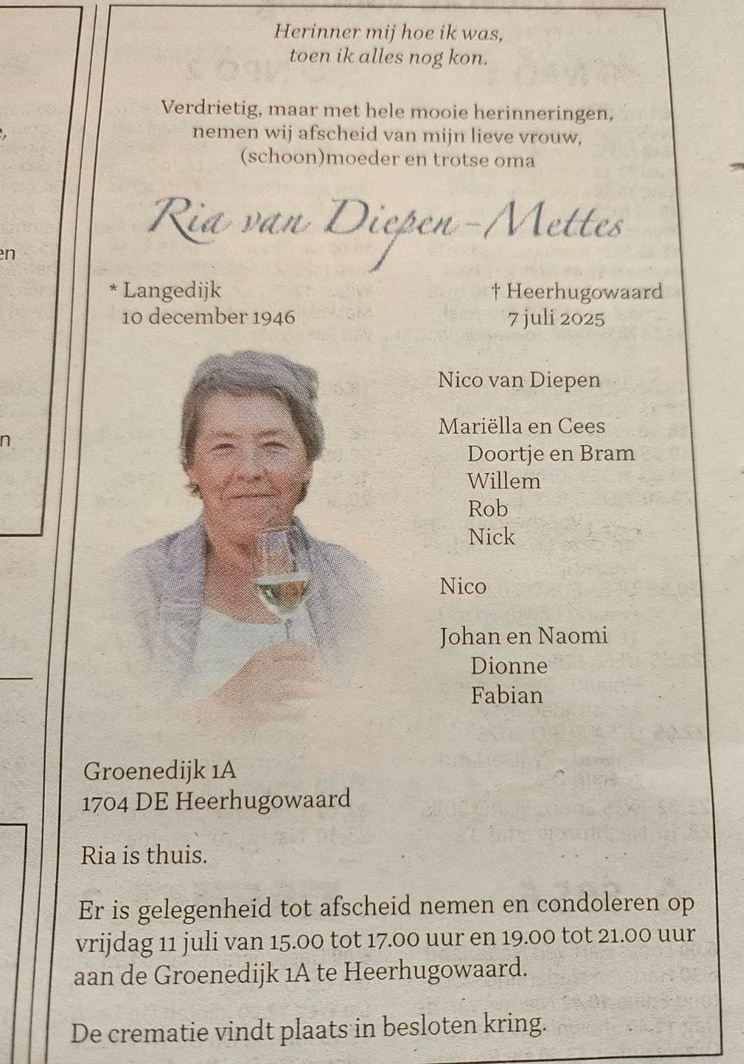 Overlijden van ons Lid Ria van Diepen